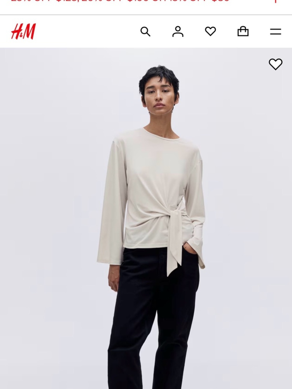 H&M Cream Side-Tie Long Sleeve Blouse